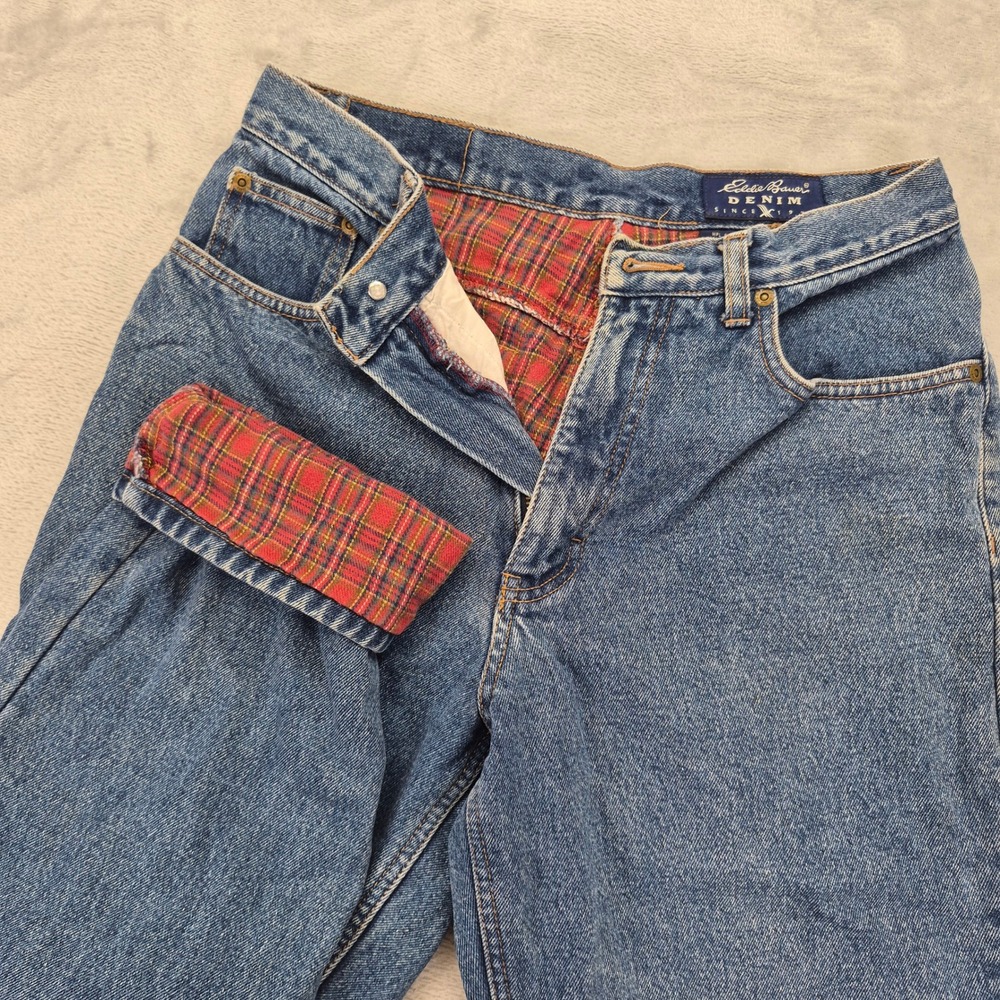 Eddie Bauer Vintage Flannel Lined Mom Jeans Women 10 (28) Petite Plaid High Rise